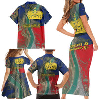 Liechtenstein Family Matching Short Sleeve Bodycon Dress and Hawaiian Shirt with Red Blue Aerial River Design and Yellow Crown Emblem - Wonder Print Shop
