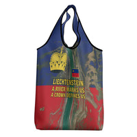 Liechtenstein Grocery Bag with Red Blue Aerial River Design and Yellow Crown Emblem - Wonder Print Shop