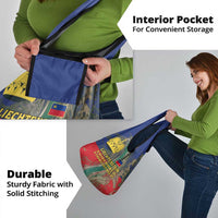 Liechtenstein Grocery Bag with Red Blue Aerial River Design and Yellow Crown Emblem - Wonder Print Shop