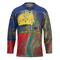 Liechtenstein Hockey Jersey with Red Blue Aerial River Design and Yellow Crown Emblem - Wonder Print Shop