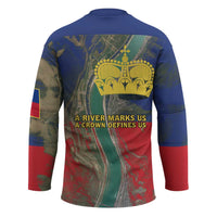 Liechtenstein Hockey Jersey with Red Blue Aerial River Design and Yellow Crown Emblem - Wonder Print Shop