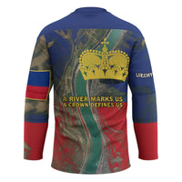 Liechtenstein Hockey Jersey with Red Blue Aerial River Design and Yellow Crown Emblem - Wonder Print Shop