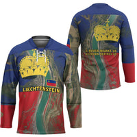 Liechtenstein Hockey Jersey with Red Blue Aerial River Design and Yellow Crown Emblem - Wonder Print Shop