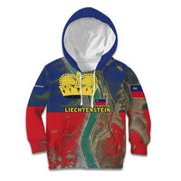 Liechtenstein Kid Hoodie with Red Blue Aerial River Design and Yellow Crown Emblem - Wonder Print Shop