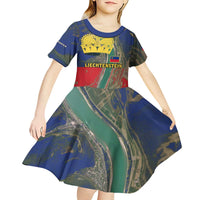 Liechtenstein Kid Short Sleeve Dress with Red Blue Aerial River Design and Yellow Crown Emblem - Wonder Print Shop