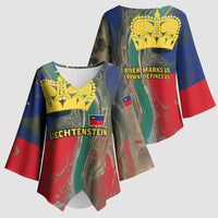 Liechtenstein Kimono Sleeve Blouse with Red Blue Aerial River Design and Yellow Crown Emblem - Wonder Print Shop