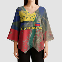 Liechtenstein Kimono Sleeve Blouse with Red Blue Aerial River Design and Yellow Crown Emblem - Wonder Print Shop