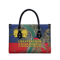 Liechtenstein Leather Bag with Red Blue Aerial River Design and Yellow Crown Emblem - Wonder Print Shop