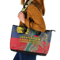 Liechtenstein Leather Tote Bag with Red Blue Aerial River Design and Yellow Crown Emblem - Wonder Print Shop
