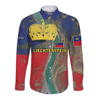 Liechtenstein Long Sleeve Button Shirt with Red Blue Aerial River Design and Yellow Crown Emblem - Wonder Print Shop