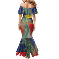 Liechtenstein Mermaid Dress with Red Blue Aerial River Design and Yellow Crown Emblem - Wonder Print Shop