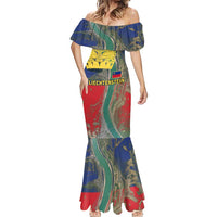 Liechtenstein Mermaid Dress with Red Blue Aerial River Design and Yellow Crown Emblem - Wonder Print Shop