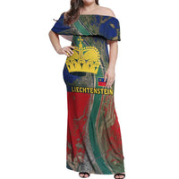 Liechtenstein Off Shoulder Maxi Dress with Red Blue Aerial River Design and Yellow Crown Emblem - Wonder Print Shop