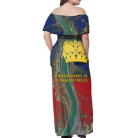 Liechtenstein Off Shoulder Maxi Dress with Red Blue Aerial River Design and Yellow Crown Emblem - Wonder Print Shop