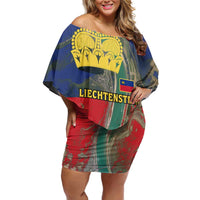 Liechtenstein Off Shoulder Short Dress with Red Blue Aerial River Design and Yellow Crown Emblem - Wonder Print Shop