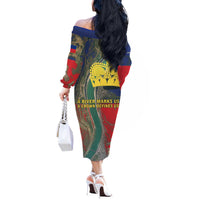 Liechtenstein Off The Shoulder Long Sleeve Dress with Red Blue Aerial River Design and Yellow Crown Emblem - Wonder Print Shop