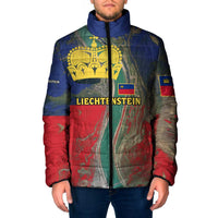 Liechtenstein Padded Jacket with Red Blue Aerial River Design and Yellow Crown Emblem - Wonder Print Shop