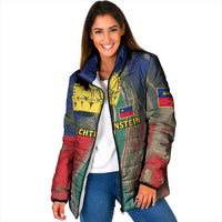 Liechtenstein Padded Jacket with Red Blue Aerial River Design and Yellow Crown Emblem - Wonder Print Shop