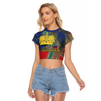Liechtenstein Raglan Cropped T Shirt with Red Blue Aerial River Design and Yellow Crown Emblem - Wonder Print Shop