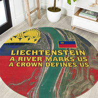 Liechtenstein Round Carpet with Red Blue Aerial River Design and Yellow Crown Emblem - Wonder Print Shop