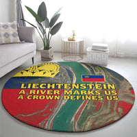 Liechtenstein Round Carpet with Red Blue Aerial River Design and Yellow Crown Emblem - Wonder Print Shop