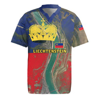 Liechtenstein Rugby Jersey with Red Blue Aerial River Design and Yellow Crown Emblem - Wonder Print Shop