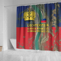 Liechtenstein Shower Curtain with Red Blue Aerial River Design and Yellow Crown Emblem - Wonder Print Shop