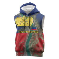 Liechtenstein Sleeveless Hoodie with Red Blue Aerial River Design and Yellow Crown Emblem - Wonder Print Shop
