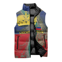 Liechtenstein Sleeveless Puffer Jacket with Red Blue Aerial River Design and Yellow Crown Emblem - Wonder Print Shop