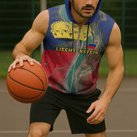 Liechtenstein Sleeveless Zip Hoodie with Red Blue Aerial River Design and Yellow Crown Emblem - Wonder Print Shop