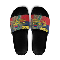 Liechtenstein Slide Sandals with Red Blue Aerial River Design and Yellow Crown Emblem - Wonder Print Shop