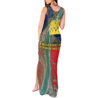 Liechtenstein Tank Maxi Dress with Red Blue Aerial River Design and Yellow Crown Emblem - Wonder Print Shop