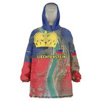 Liechtenstein Wearable Blanket Hoodie with Red Blue Aerial River Design and Yellow Crown Emblem - Wonder Print Shop