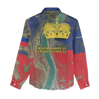 Liechtenstein Women Casual Shirt with Red Blue Aerial River Design and Yellow Crown Emblem - Wonder Print Shop