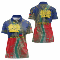 Liechtenstein Women Polo Shirt with Red Blue Aerial River Design and Yellow Crown Emblem - Wonder Print Shop