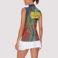 Liechtenstein Women Sleeveless Polo Shirt with Red Blue Aerial River Design and Yellow Crown Emblem - Wonder Print Shop