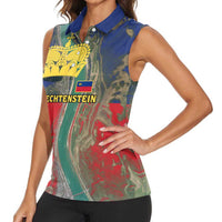 Liechtenstein Women Sleeveless Polo Shirt with Red Blue Aerial River Design and Yellow Crown Emblem - Wonder Print Shop