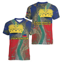 Liechtenstein Women V-Neck T-Shirt with Red Blue Aerial River Design and Yellow Crown Emblem - Wonder Print Shop