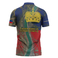 Liechtenstein Zipper Polo Shirt with Red Blue Aerial River Design and Yellow Crown Emblem - Wonder Print Shop