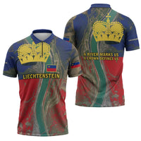 Liechtenstein Zipper Polo Shirt with Red Blue Aerial River Design and Yellow Crown Emblem - Wonder Print Shop
