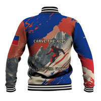 Liechtenstein Baseball Jacket with Alpine Skiing Red Blue Design and Mountain Landscape - Wonder Print Shop