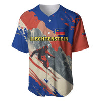 Liechtenstein Baseball Jersey with Alpine Skiing Red Blue Design and Mountain Landscape - Wonder Print Shop