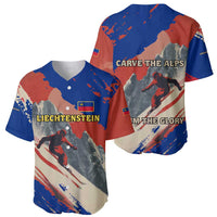 Liechtenstein Baseball Jersey with Alpine Skiing Red Blue Design and Mountain Landscape - Wonder Print Shop