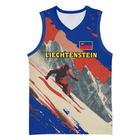 Liechtenstein Basketball Jersey with Alpine Skiing Red Blue Design and Mountain Landscape - Wonder Print Shop
