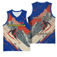 Liechtenstein Basketball Jersey with Alpine Skiing Red Blue Design and Mountain Landscape - Wonder Print Shop