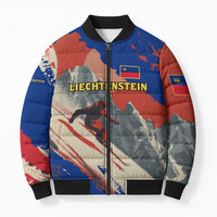 Liechtenstein Bomber Puffer Jacket with Alpine Skiing Red Blue Design and Mountain Landscape - Wonder Print Shop