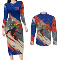Liechtenstein Couples Matching Long Sleeve Bodycon Dress and Long Sleeve Button Shirt with Alpine Skiing Red Blue Design and Mountain Landscape - Wonder Print Shop