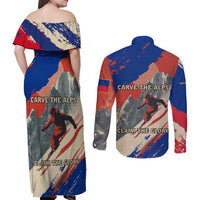 Liechtenstein Couples Matching Off Shoulder Maxi Dress and Long Sleeve Button Shirt with Alpine Skiing Red Blue Design and Mountain Landscape - Wonder Print Shop