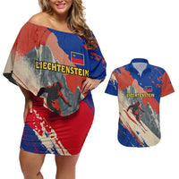 Liechtenstein Couples Matching Off Shoulder Short Dress and Hawaiian Shirt with Alpine Skiing Red Blue Design and Mountain Landscape - Wonder Print Shop