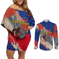 Liechtenstein Couples Matching Off Shoulder Short Dress and Long Sleeve Button Shirt with Alpine Skiing Red Blue Design and Mountain Landscape - Wonder Print Shop